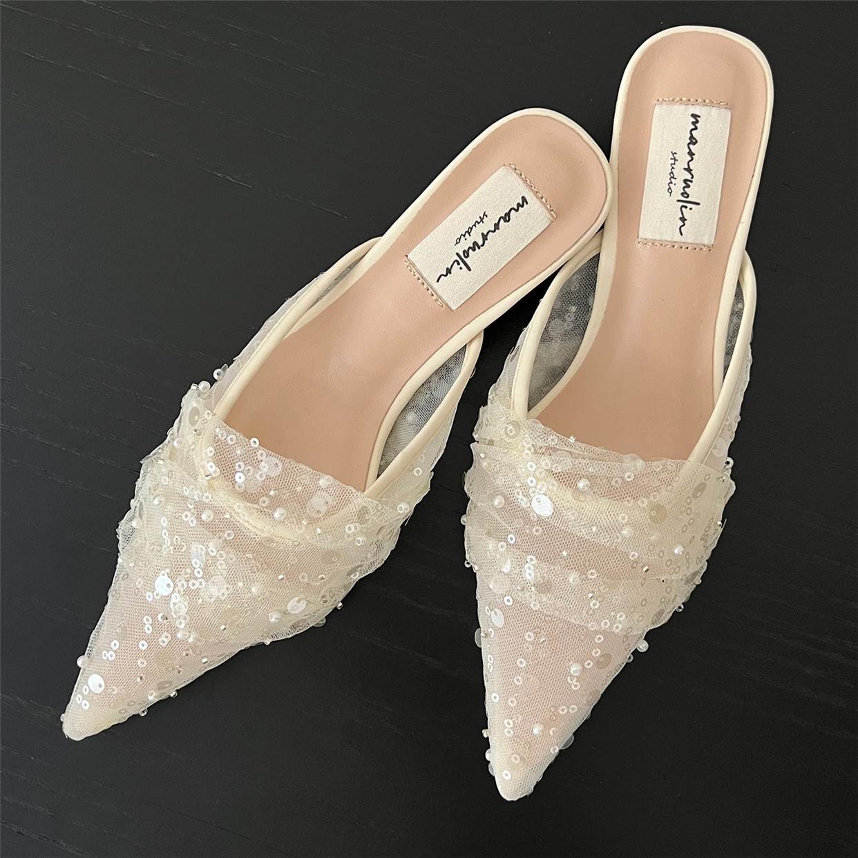 Mesh half slippers sequin pointed toe shoes