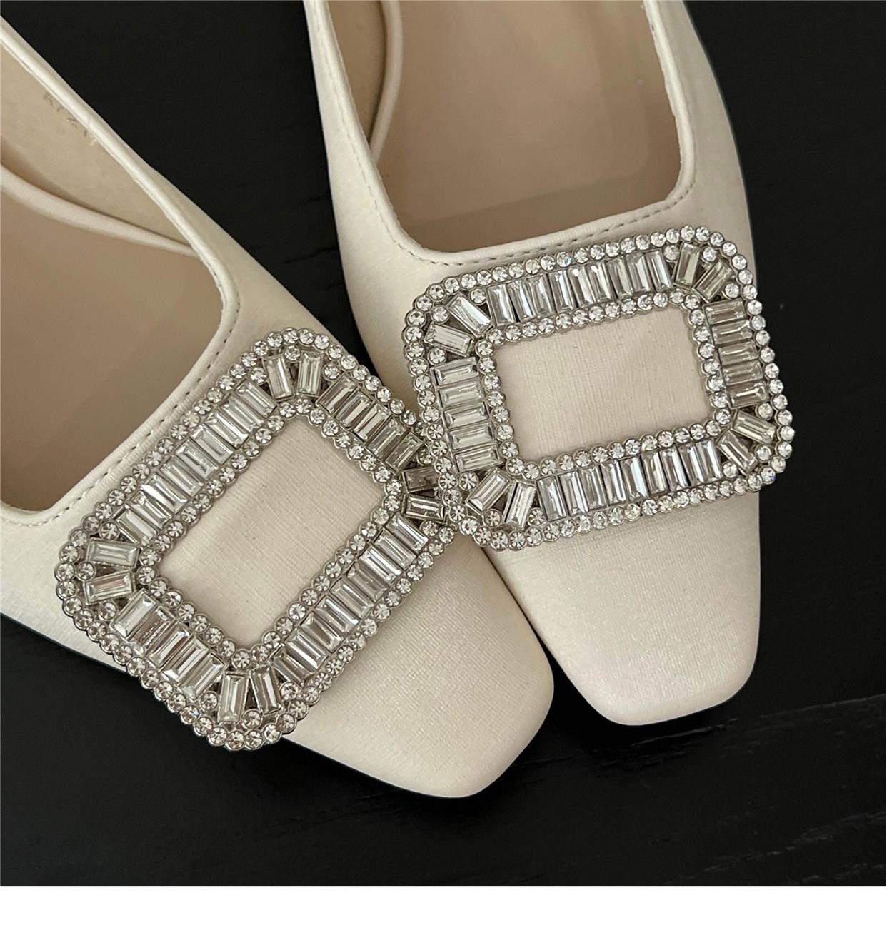 Square toe rhinestone shallow heel shoes