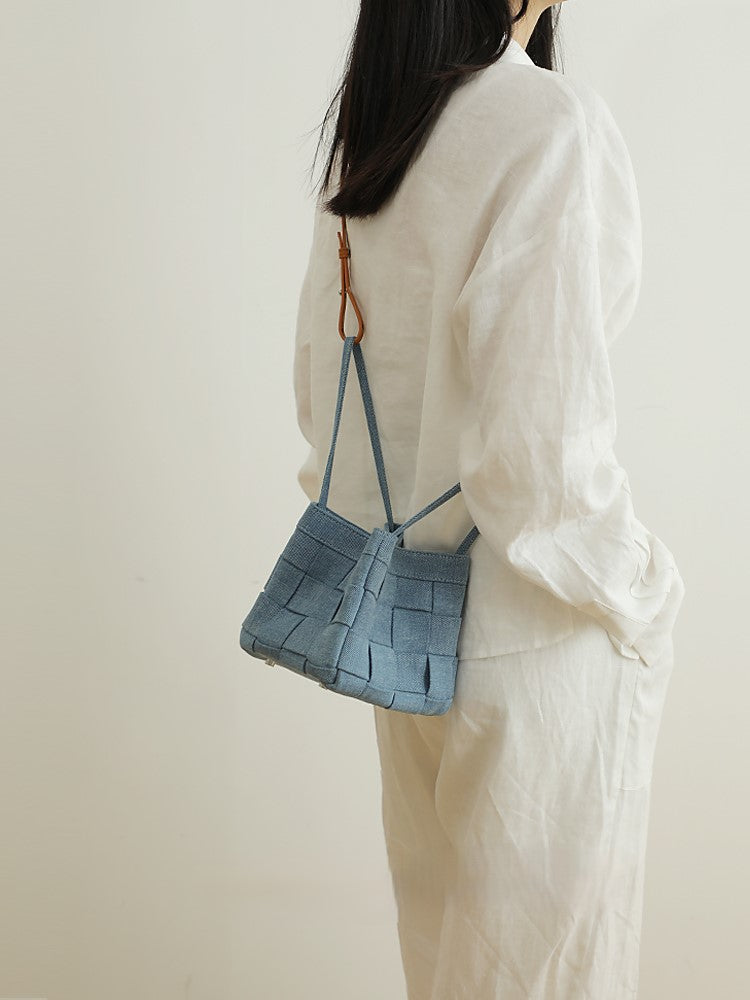 Denim and leather bucket bag