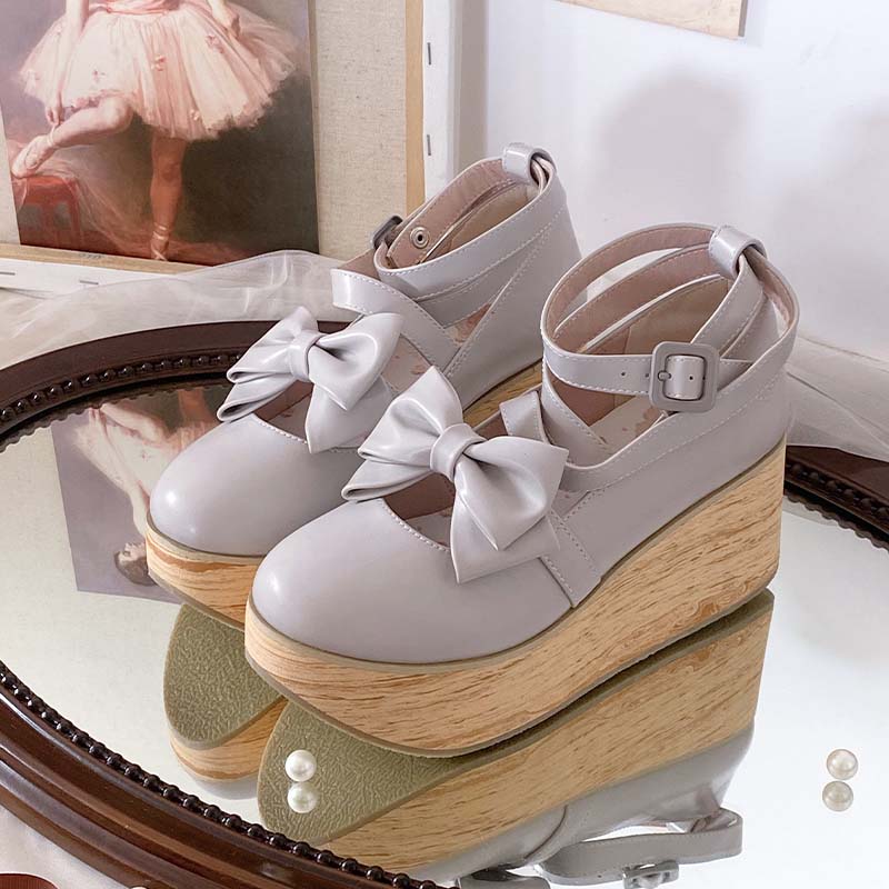Wood Grain Ningyo Hime|White Tea Dream Original Bow Strappy Thick Sole Shoes