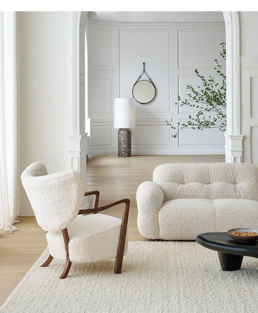 Woolf leisure chair milk tea brown French retro style solid wood mid-century style lamb velvet single sofa chair