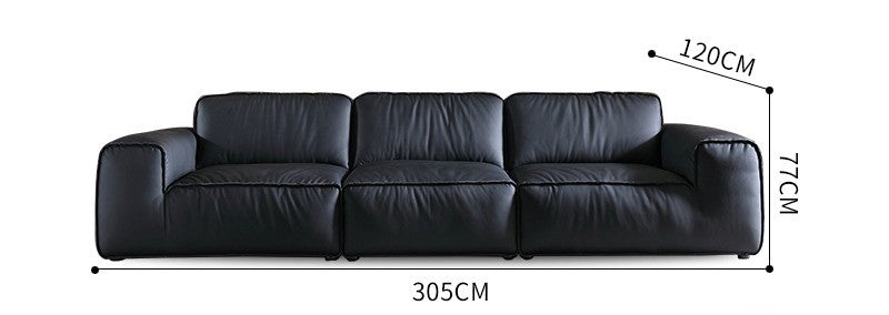 Large black cow leather sofa Italian minimalist villa living room light luxury black straight leather sofa