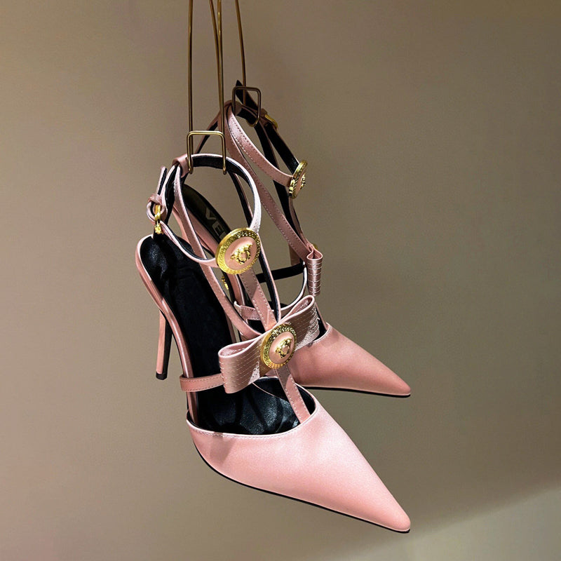 Bowknot stiletto pointed toe Roman strap high heels