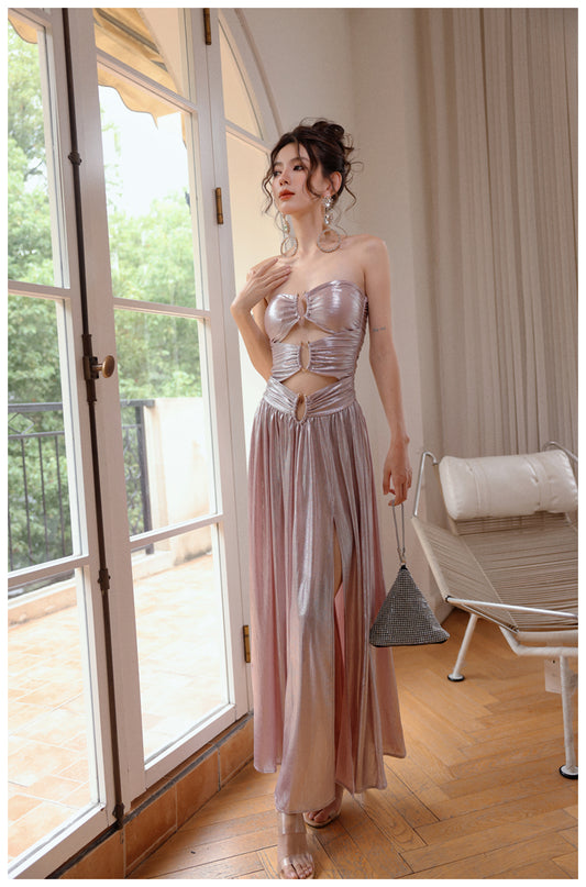 Streaming pink navel-baring tube top dress, hollow birthday skirt, mini dress