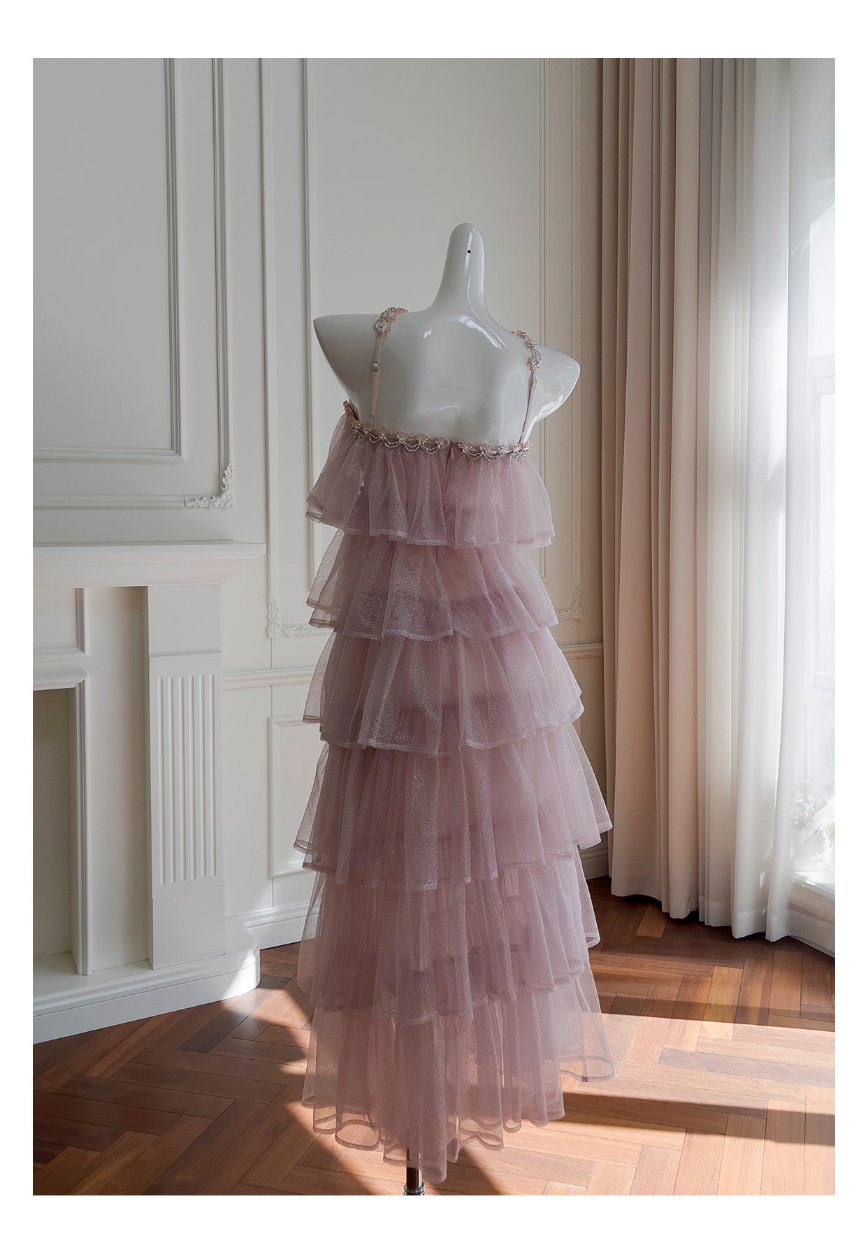Pink Mesh Gold Stamping Suspender Cake Skirt Birthday Party Dress