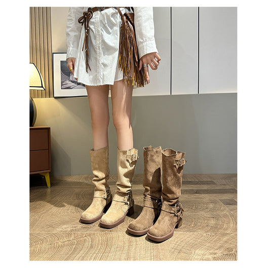 Knight suede block heel square toe high boots