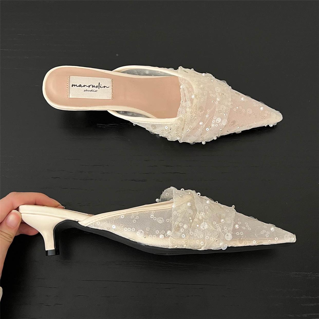 Mesh half slippers sequin pointed toe shoes