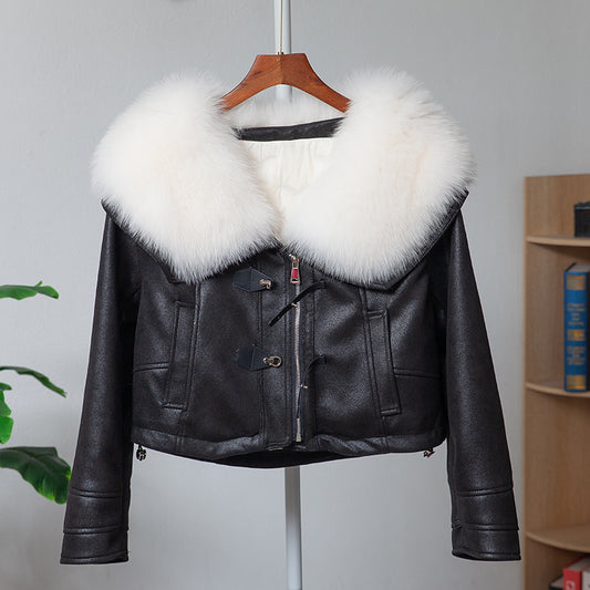 Fox Fur Motorcycle Jacket Large Fur Collar Leather