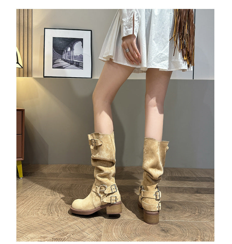 Knight suede block heel square toe high boots