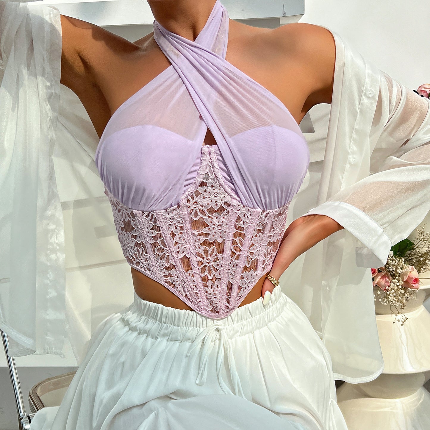 Lace mesh cross halter top rhombus fishbone vest
