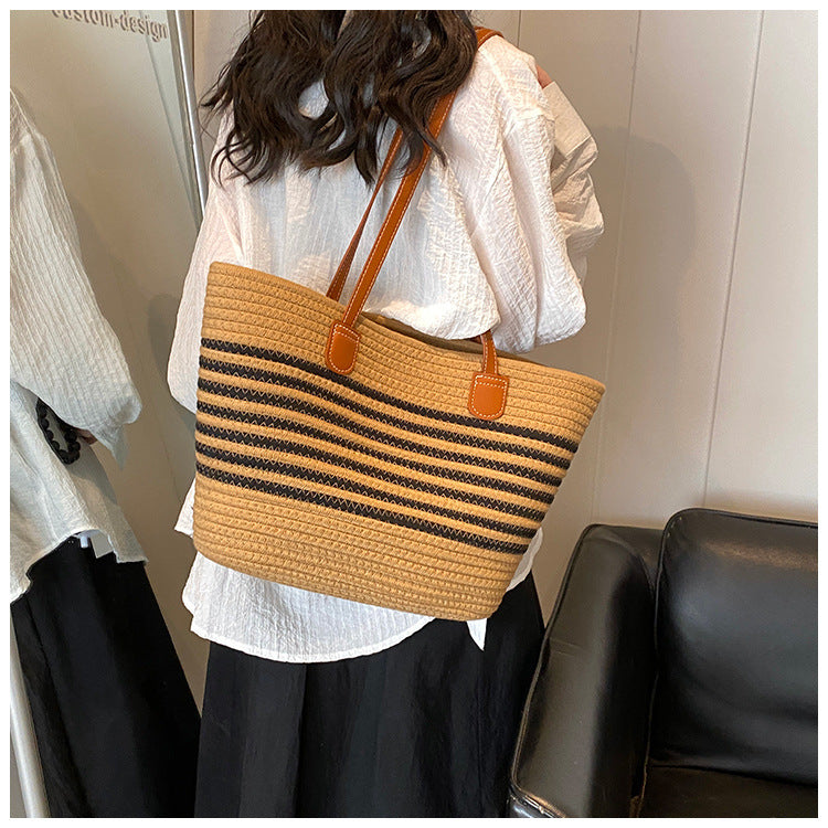 Woven Contrast Stripe Beach Bag