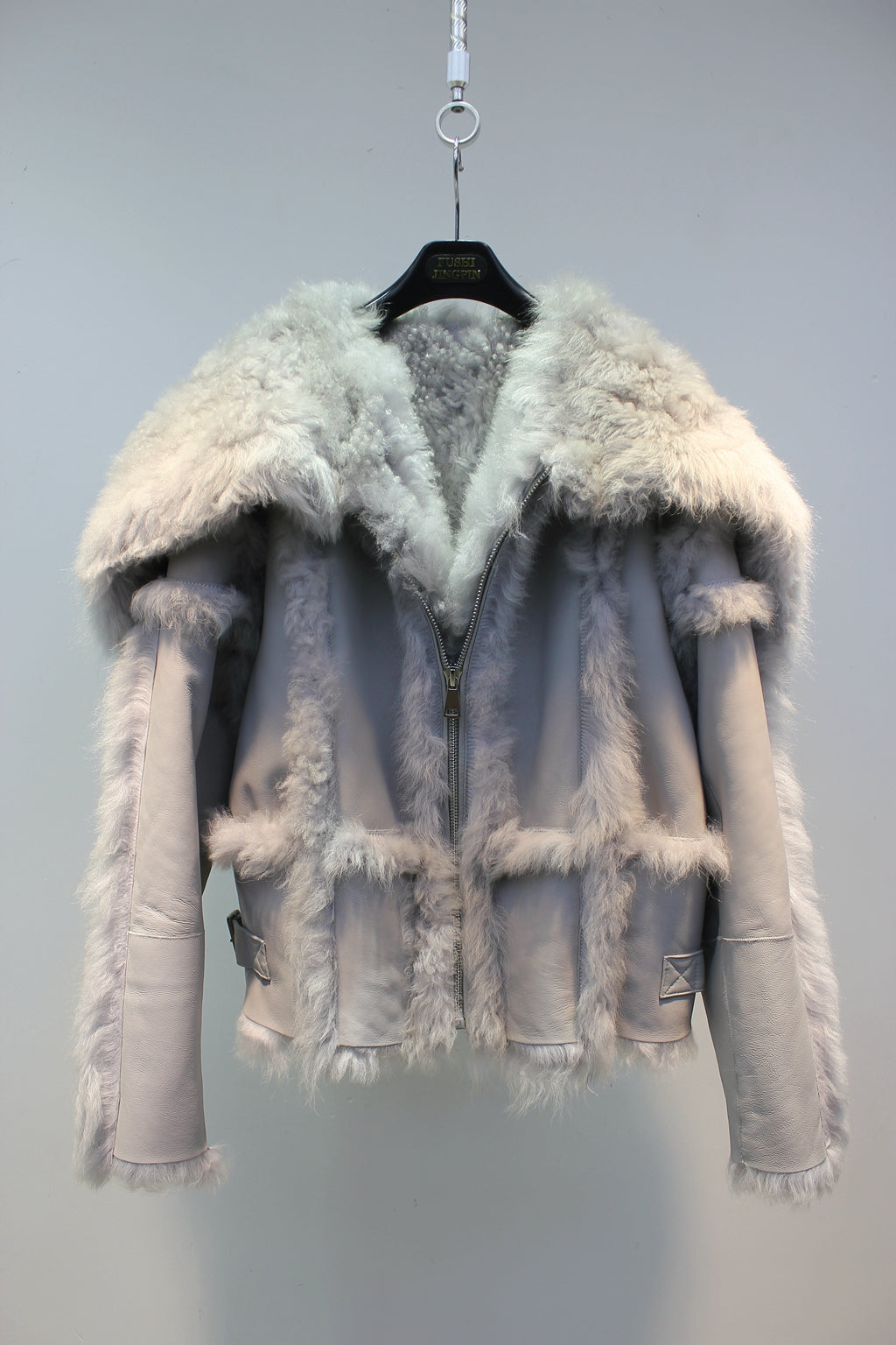 Tuscan sheepskin one-piece navy collar biker short fur coat