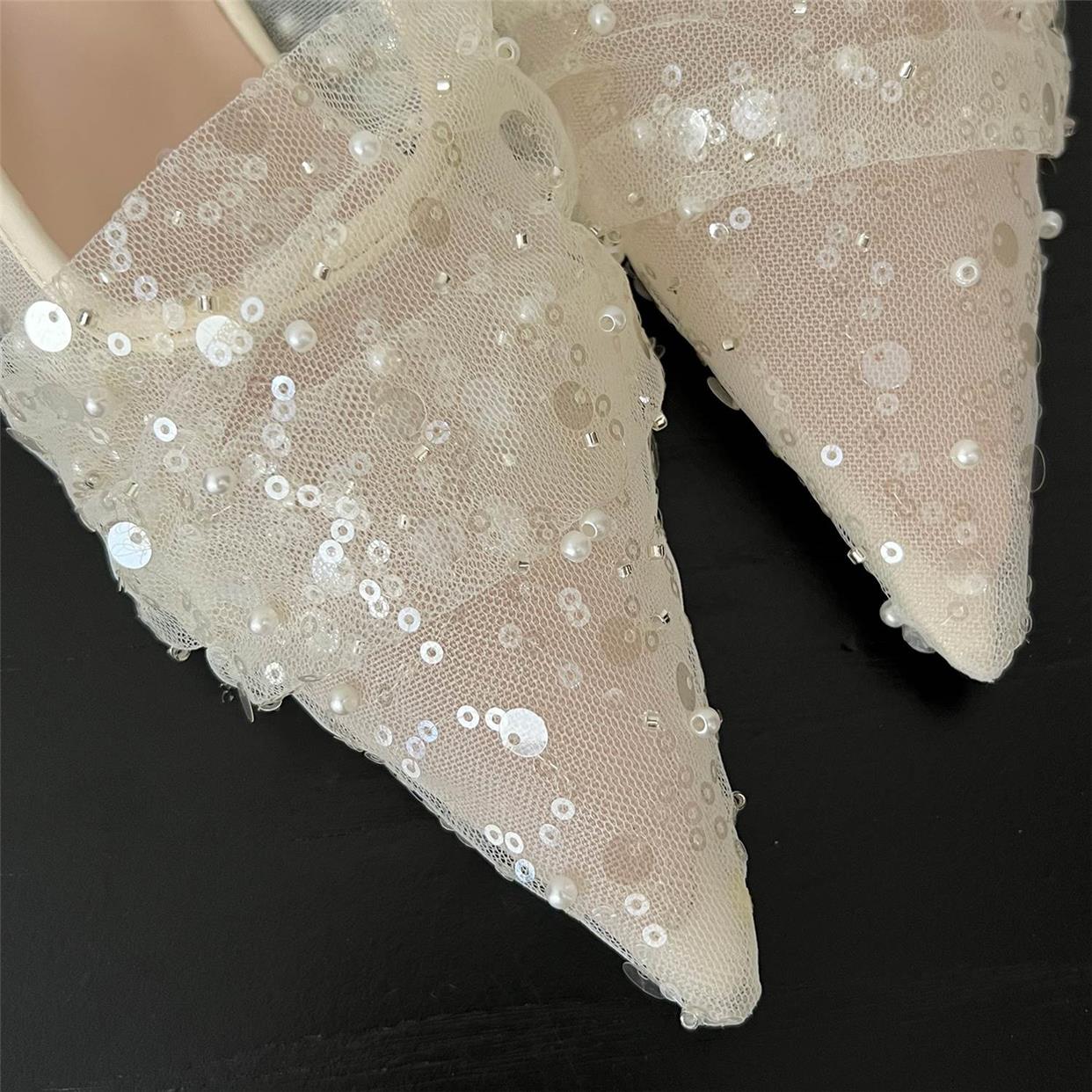 Mesh half slippers sequin pointed toe shoes