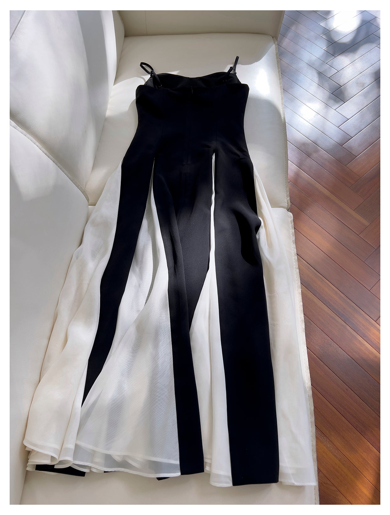 Black and white twill woven chiffon patchwork suspender long skirt
