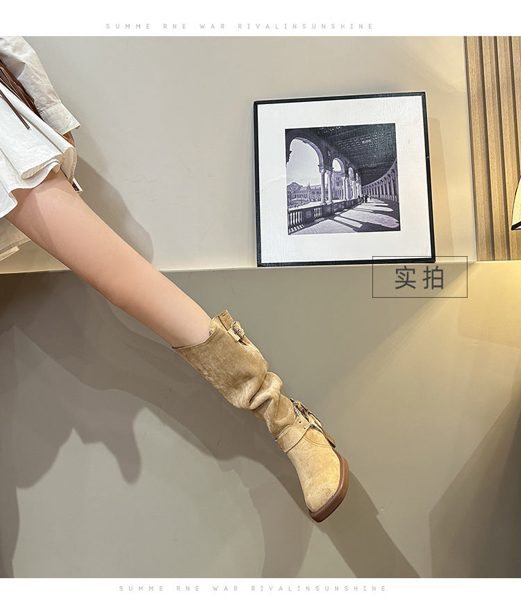 Knight suede block heel square toe high boots