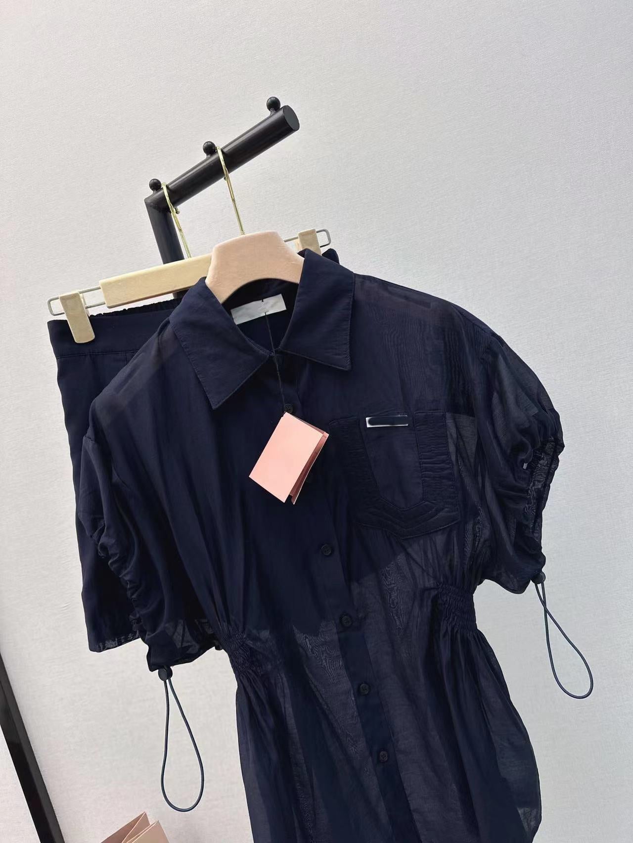 Girly style letter embroidered lapel short-sleeved sun protection shirt and shorts suit