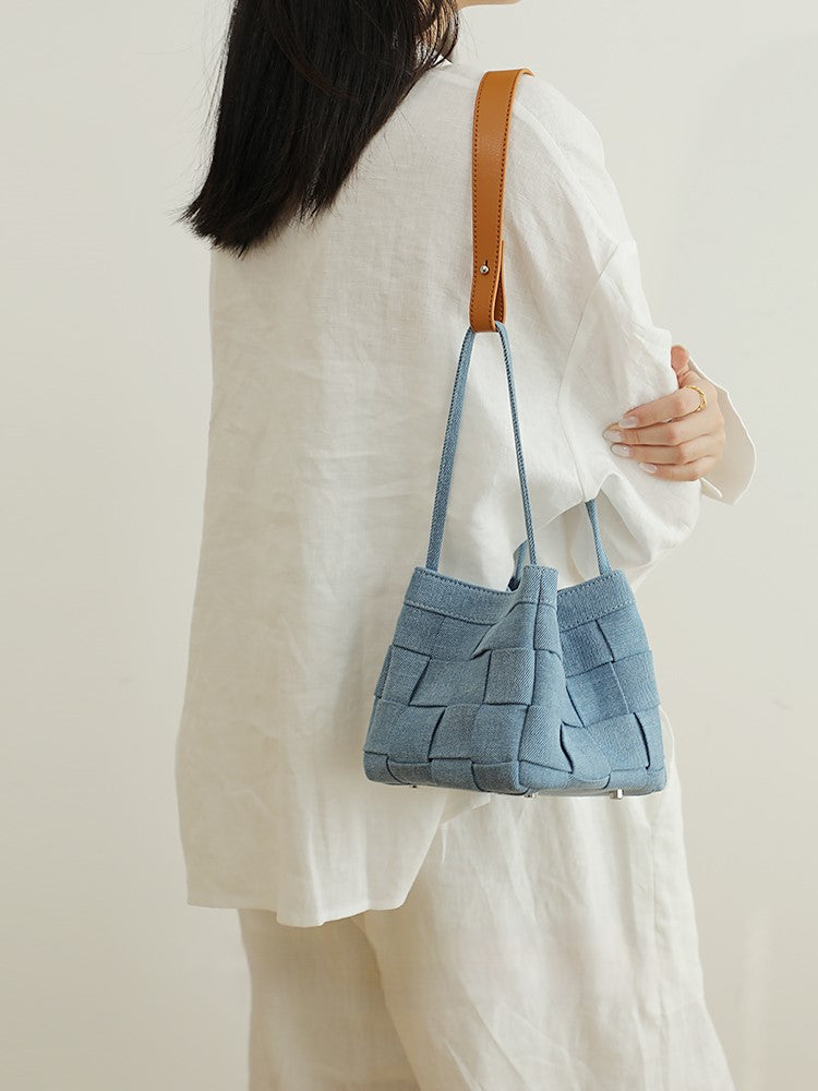 Denim and leather bucket bag