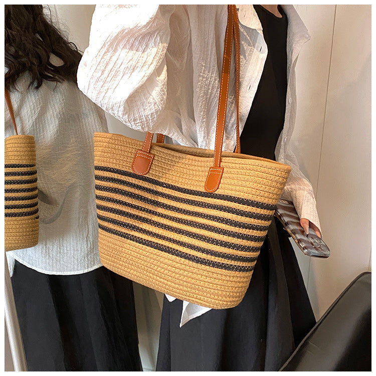 Woven Contrast Stripe Beach Bag