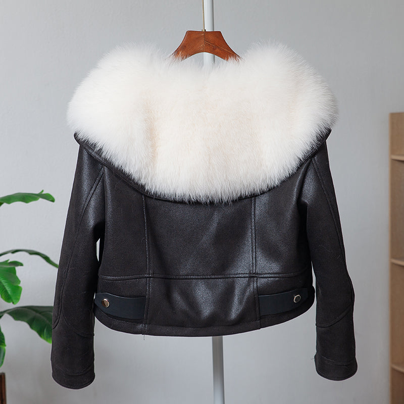 Fox Fur Motorcycle Jacket Large Fur Collar Leather
