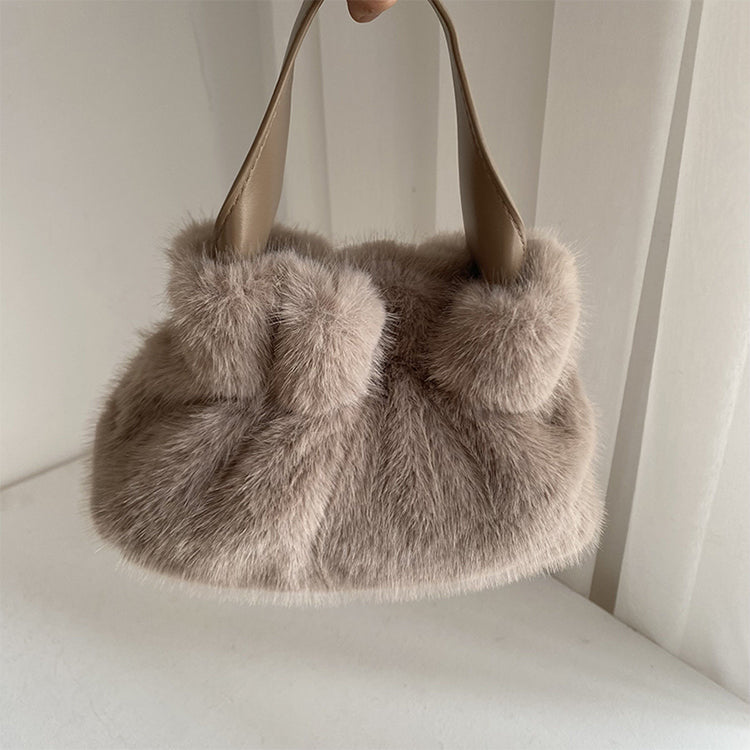Pleated Faux Rabbit Fur Crossbody Bag