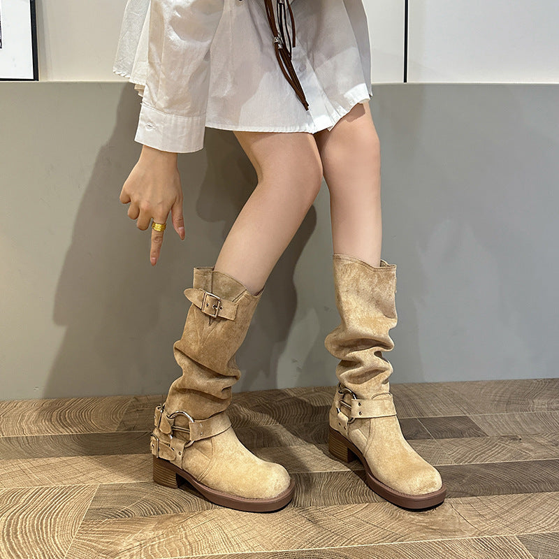 Knight suede block heel square toe high boots