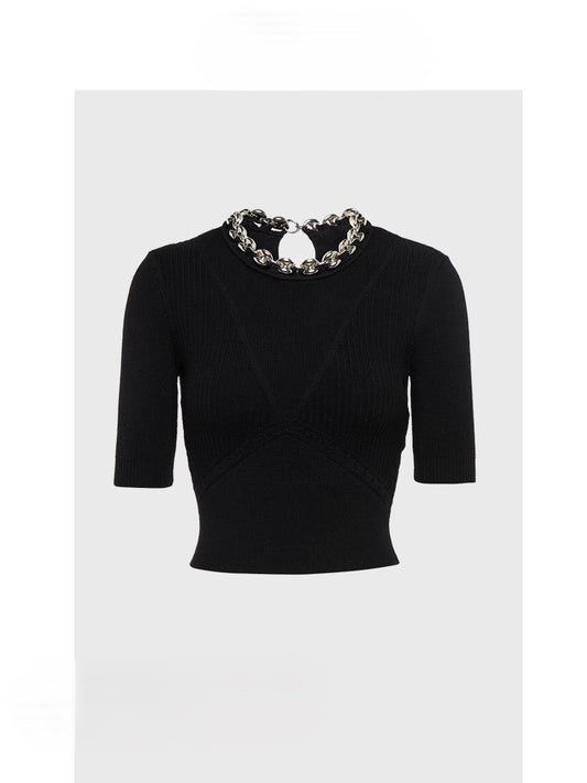 Black sweater short style stitching chain design