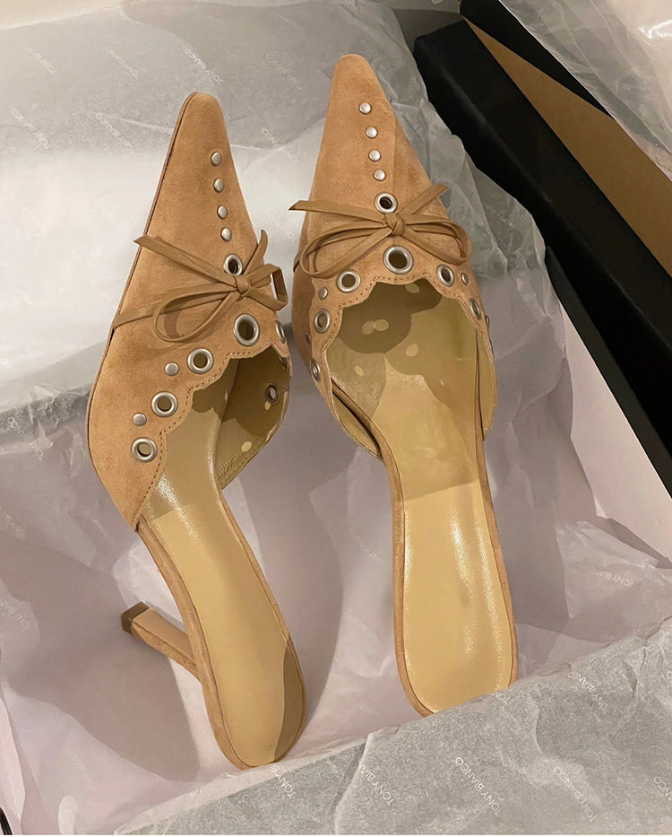 Sexy suede bow hollow pointed toe high heels