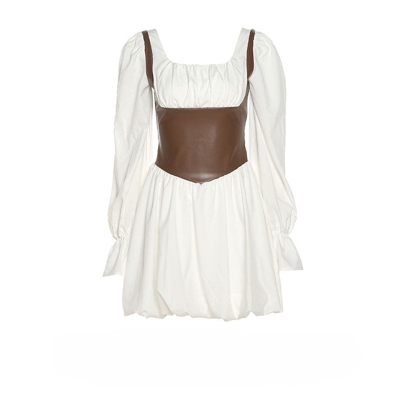 Retro PU leather patchwork puff sleeve dress