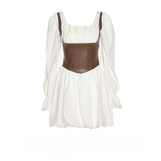 Retro PU leather patchwork puff sleeve dress