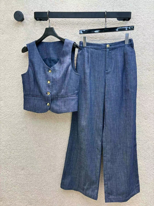 Lazy style linen vest vest top high waist wide leg straight pants suit