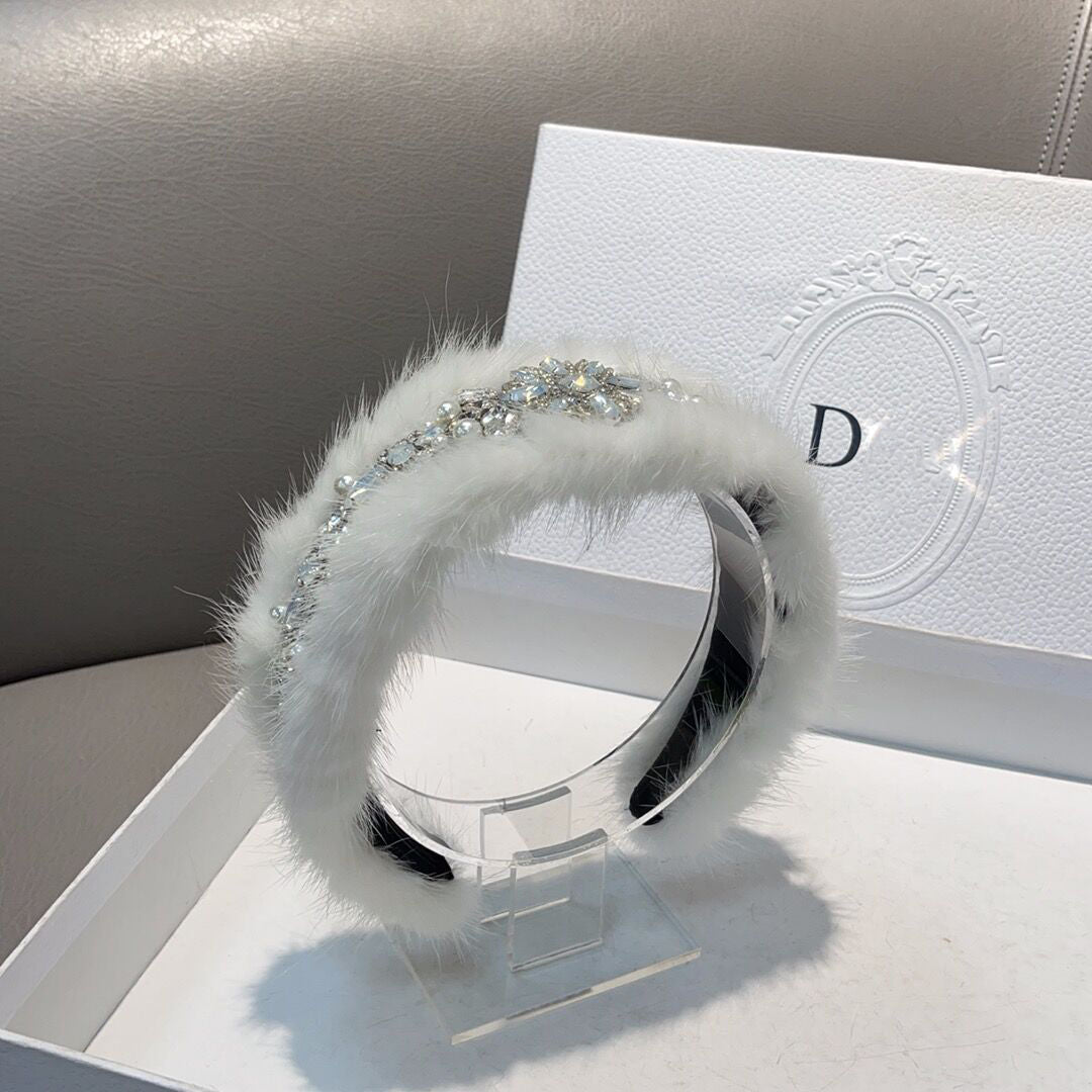 Mink fur wide-brim pressed plush diamond-encrusted headband