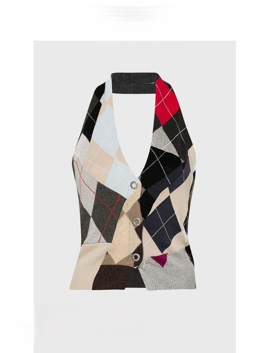 Paneled tartan halterneck camisole