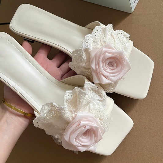 Flower one-letter fairy style stiletto heel slippers for women