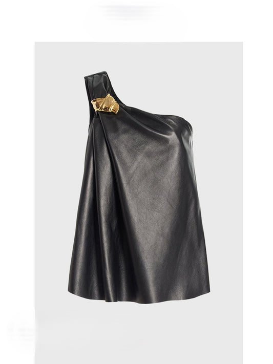 Black Leather One Shoulder Vest