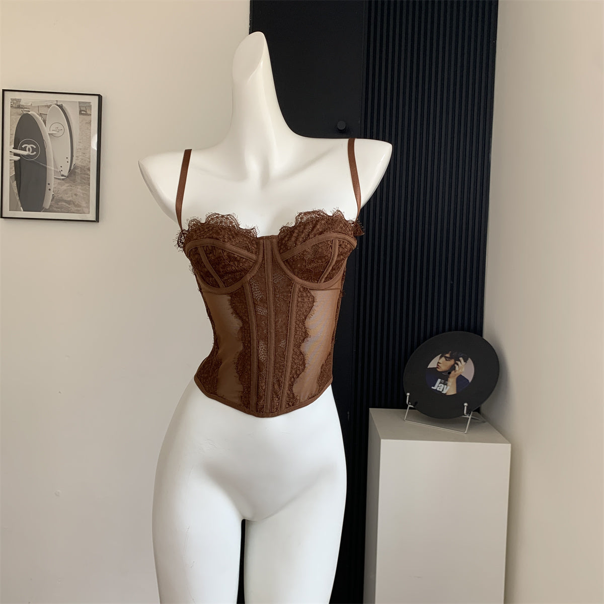 Lace embroidered herringbone camisole bra