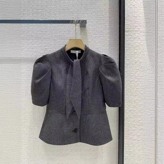 Lace-up stand collar slim short coat