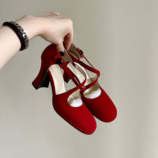 Red round toe cross-strap Roman high heels