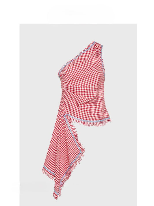 Plaid one-shoulder camisole short style with sweet and spicy style