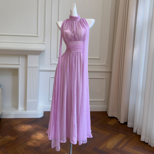 French Waist Slim Off Shoulder Fairy Dress Resort Style Celebrity Purple Dress