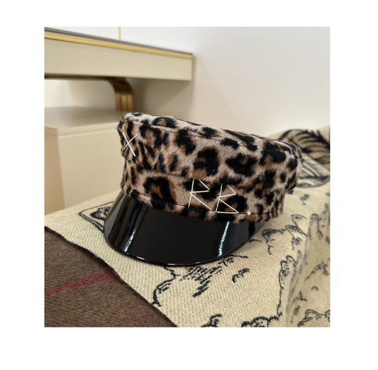 Leopard print woolen flat hat British navy style retro