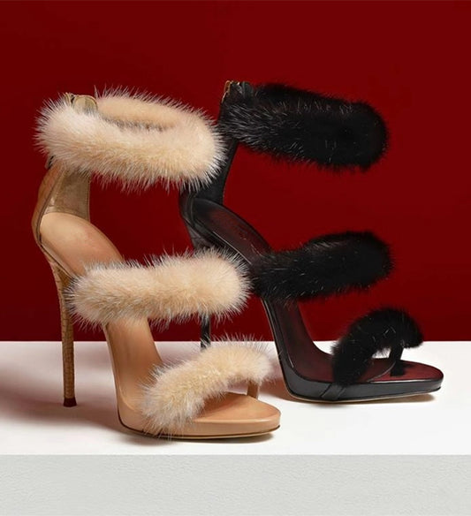 European and American furry open toe high heels