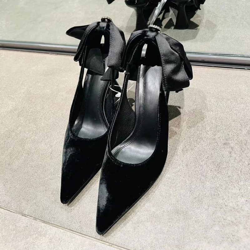 Bow pointed toe rhinestone stiletto sandals