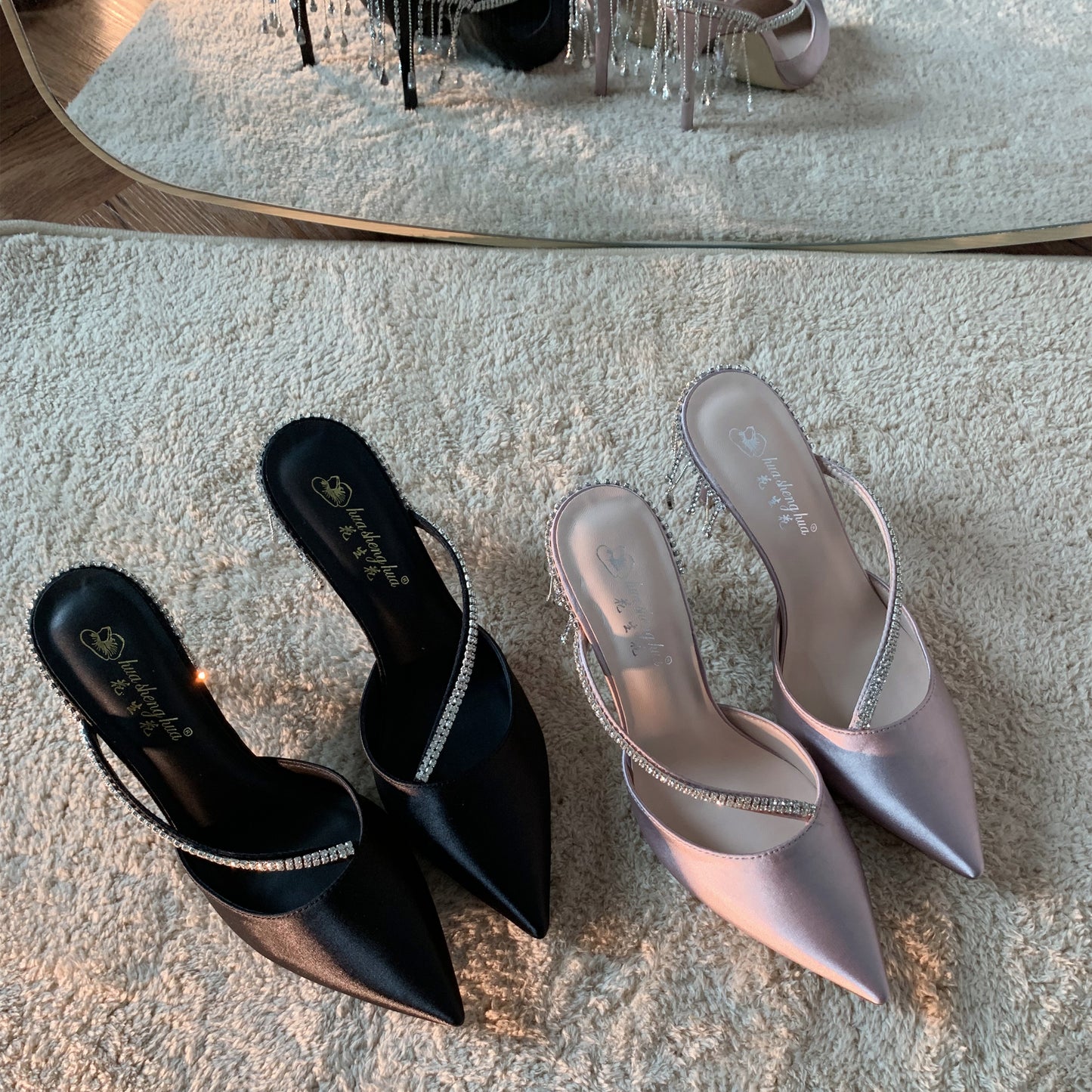 Pointed rhinestone stiletto heel champagne color sandals