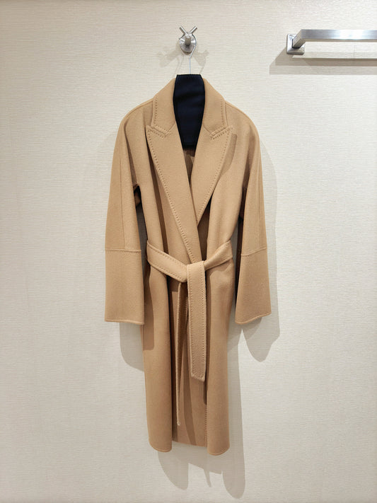 Double-faced water ripple cashmere bathrobe-style wool lace-up coat