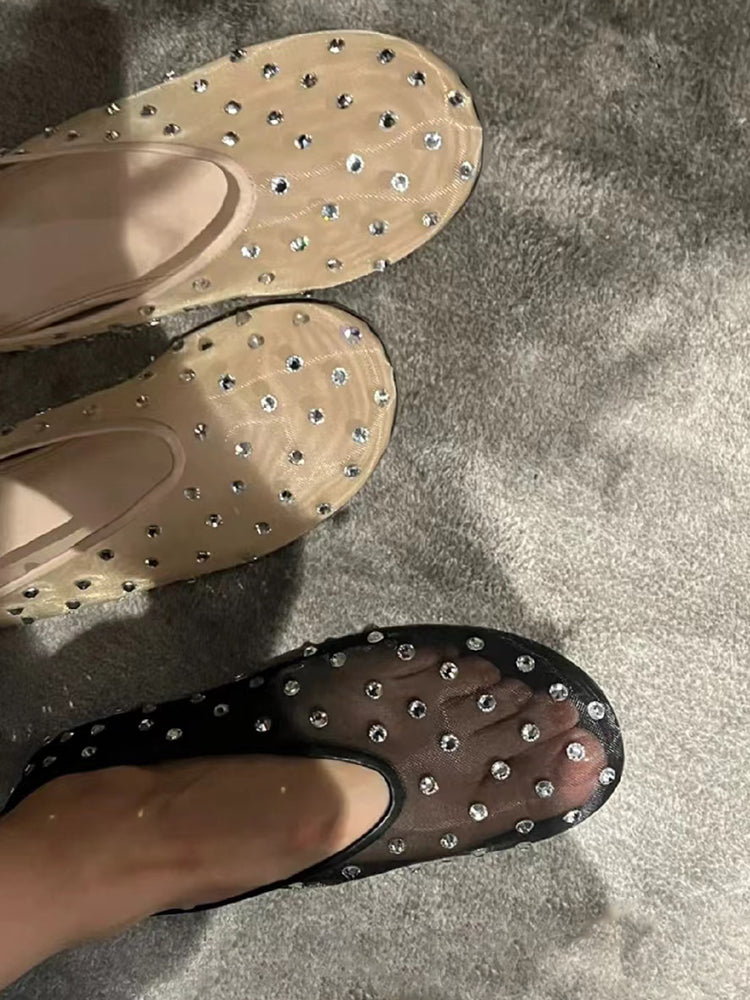 Niche round toe mesh rhinestone ballet flats