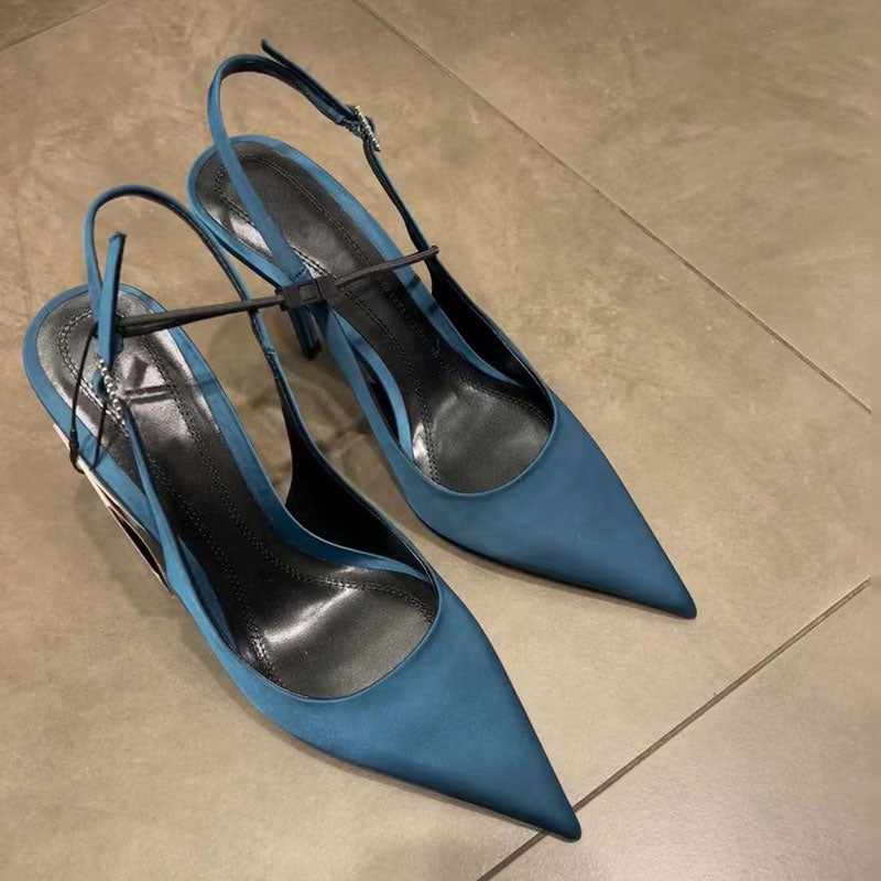 Blue pointed toe French rhinestone white high heels