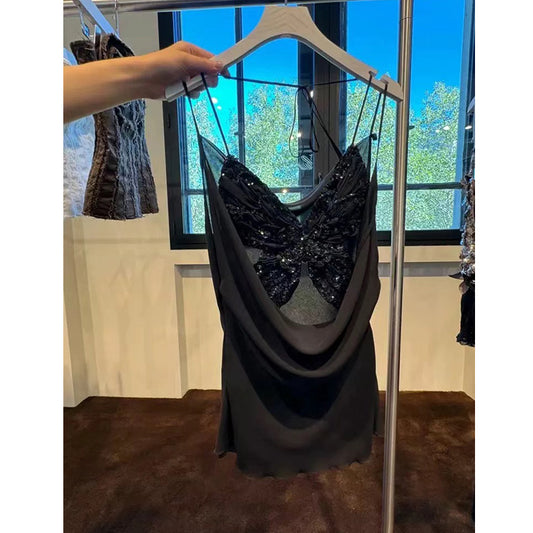 Heavy industry sequin bow halter neck suspender dress