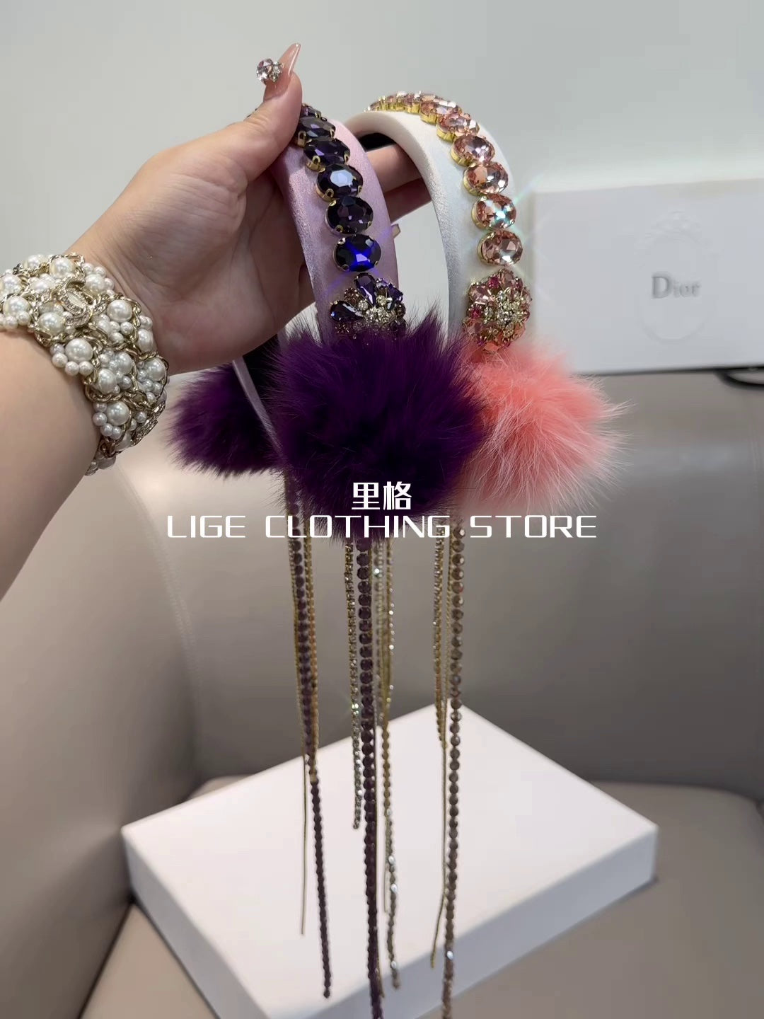 Rabbit fur ball tassel chain headband