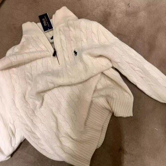 Embroidered knitted stand collar sweater