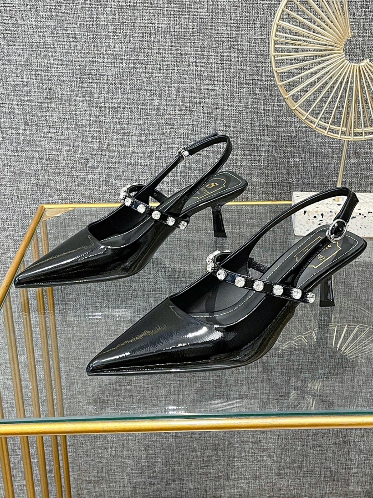 French patent leather pointed-toe rhinestone sheepskin high-heeled shoes
